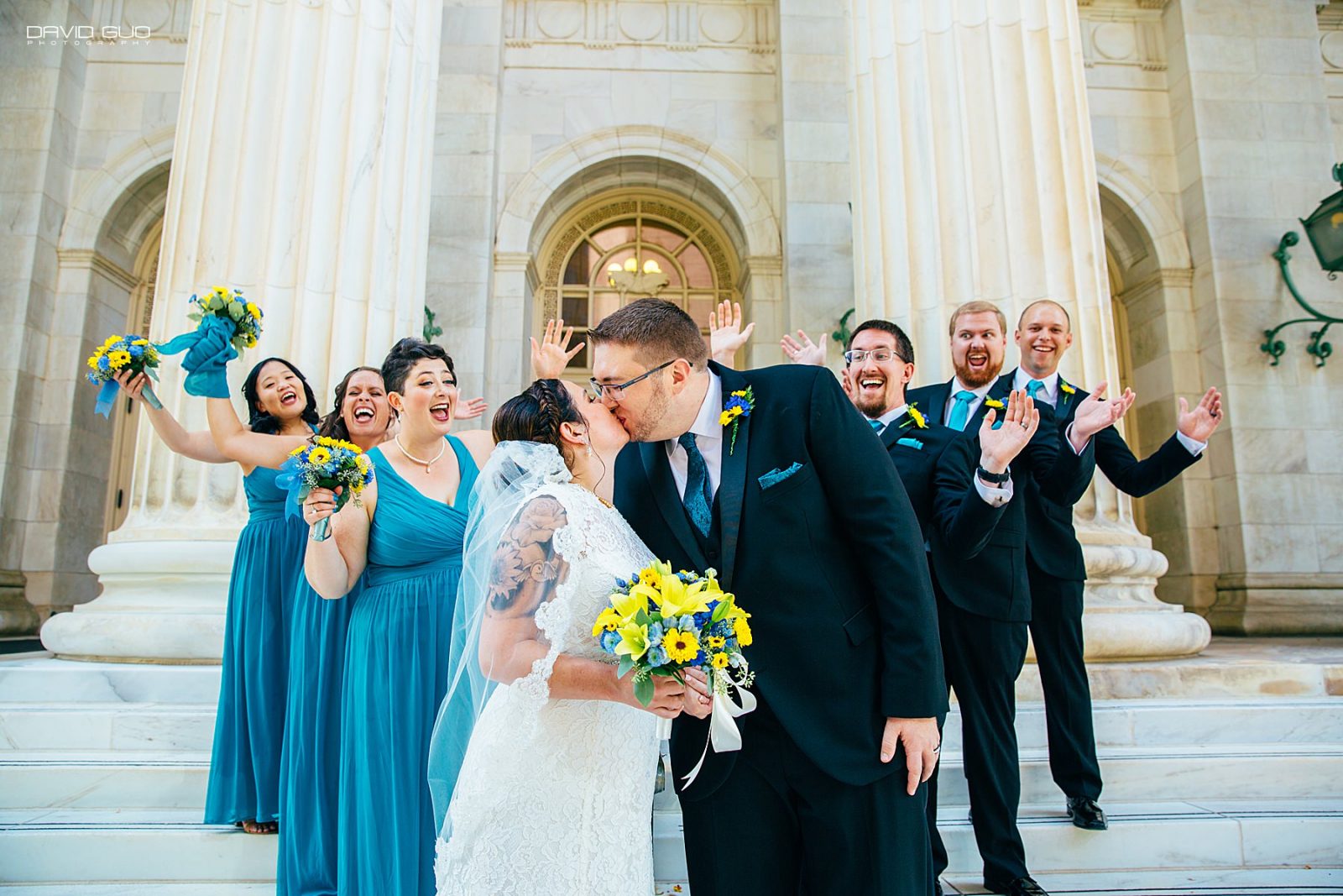 downtown denver wedding newly wed kissing